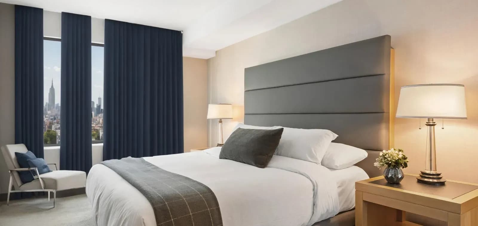 Bedroom preview with navy curtains applied to the windows
