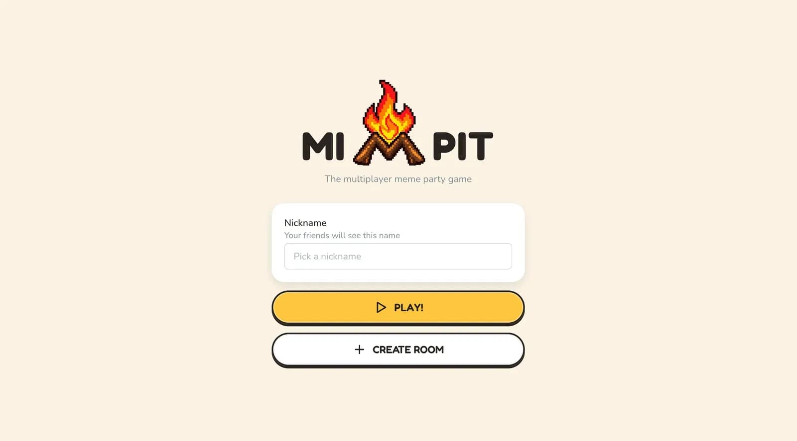 Mimpit start screen with the campfire logo and Play button