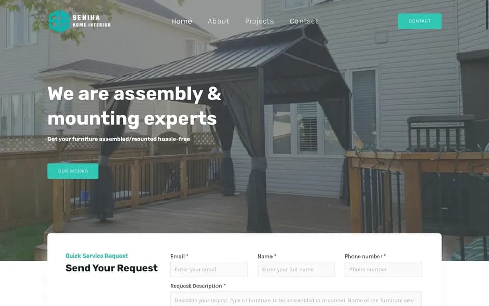 Seniha Home Interior homepage with a service request form