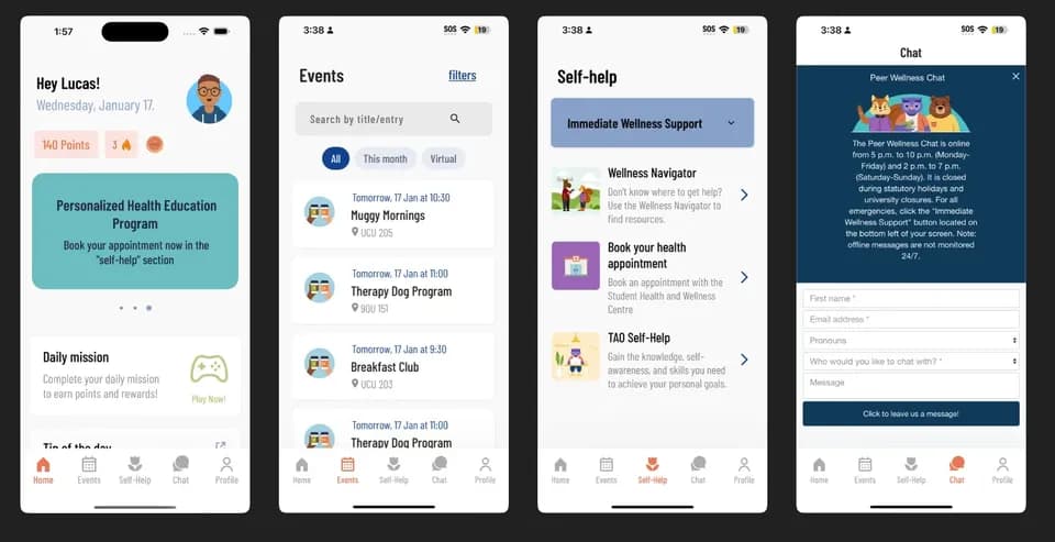 Four uoWellness app screens: home, events, self-help and peer chat